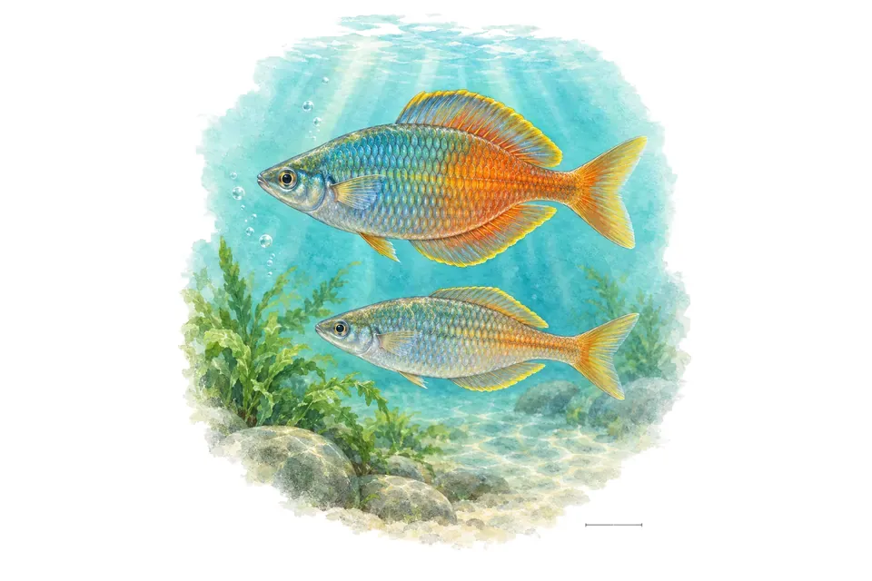 Aquarelle : Arc-en-ciel de Bleher, mâle et femelle l'un au-dessus de l'autre dans une eau turquoise.
