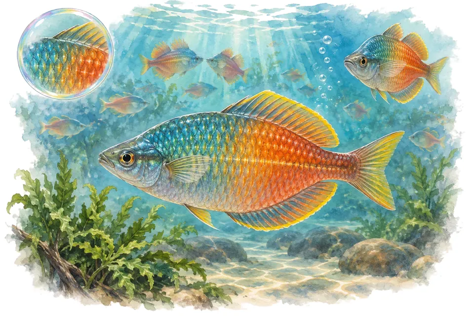 Aquarelle : Arc-en-ciel de Bleher (Chilatherina bleheri) dans une eau turquoise lumineuse, avec une vue de trois quarts et un détail dans une bulle.