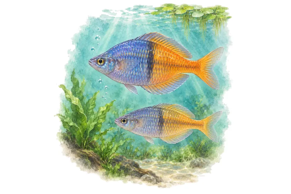 Aquarelle : Arc-en-ciel de Boeseman, mâle et femelle l'un au-dessus de l'autre dans une eau turquoise.