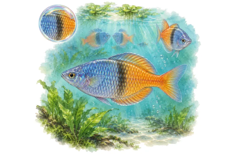 Aquarelle : Arc-en-ciel de Boeseman (Melanotaenia boesemani) dans une eau turquoise lumineuse, avec une vue de trois quarts et un détail dans une bulle.