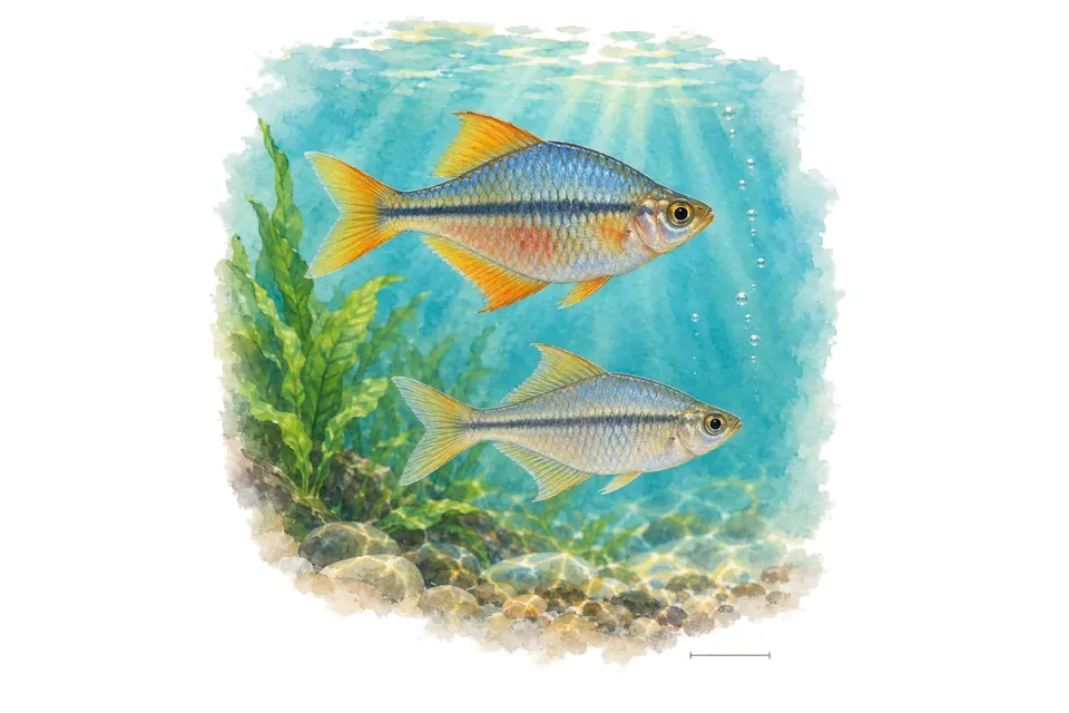 Aquarelle : Arc-en-ciel de Cairns, mâle et femelle l'un au-dessus de l'autre dans une eau turquoise.
