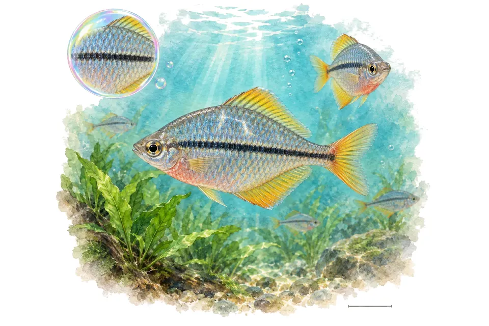 Aquarelle : Arc-en-ciel de Cairns (Cairnsichthys rhombosomoides) dans une eau turquoise lumineuse, avec une vue de trois quarts et un détail dans une bulle.