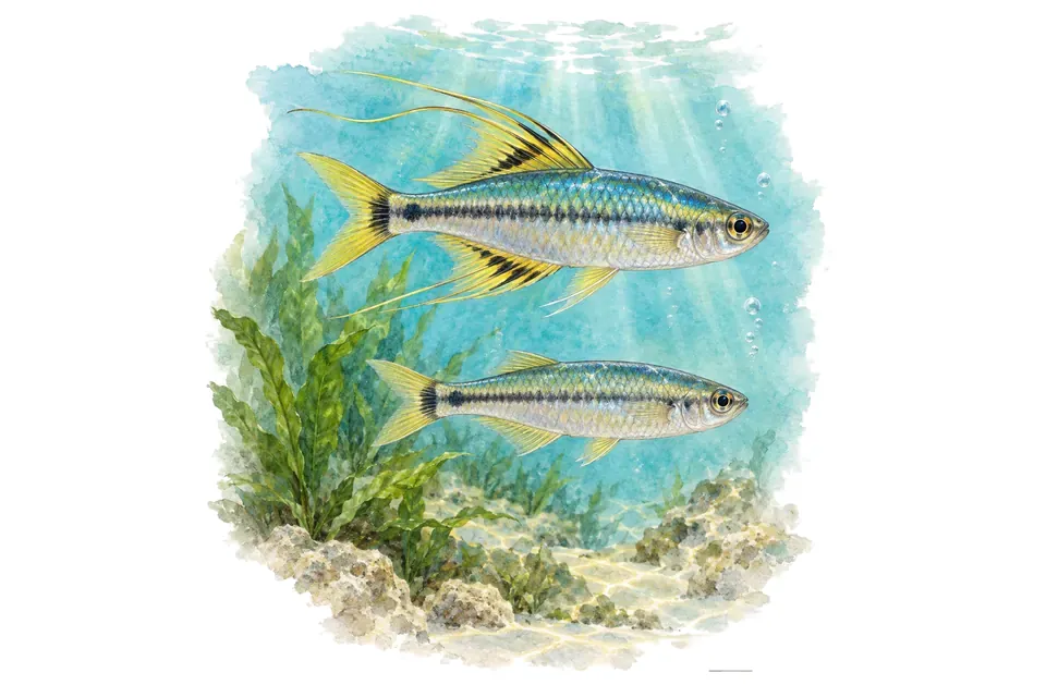 Aquarelle : Arc-en-ciel de Célèbes, mâle et femelle l'un au-dessus de l'autre dans une eau turquoise.