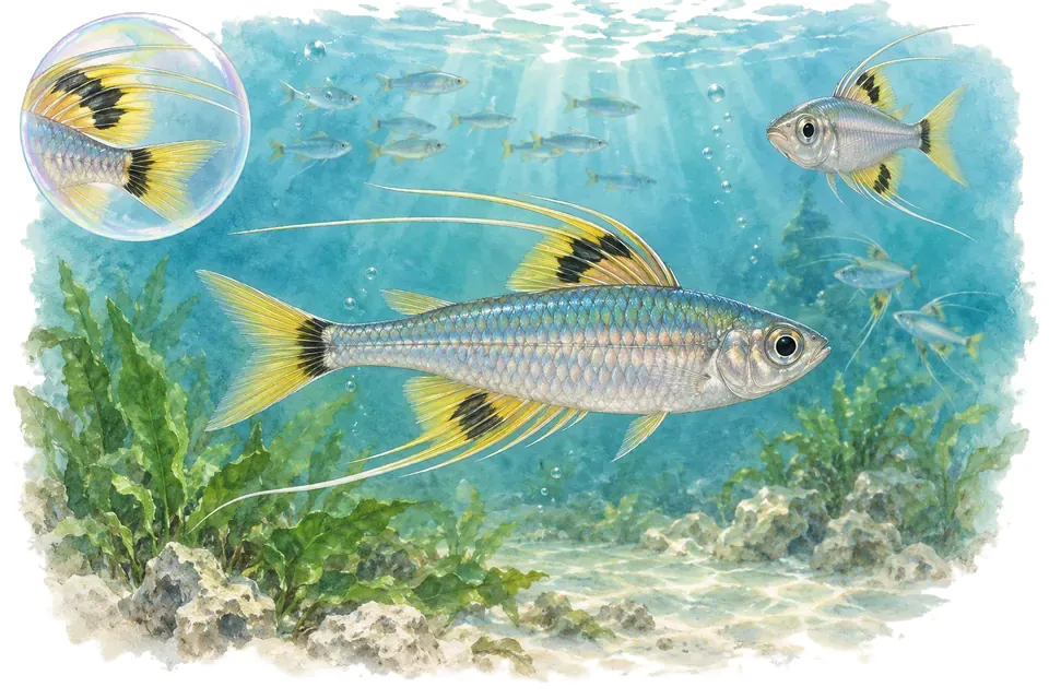 Aquarelle : Arc-en-ciel de Célèbes (Marosatherina ladigesi) dans une eau turquoise lumineuse, avec une vue de trois quarts et un détail dans une bulle.