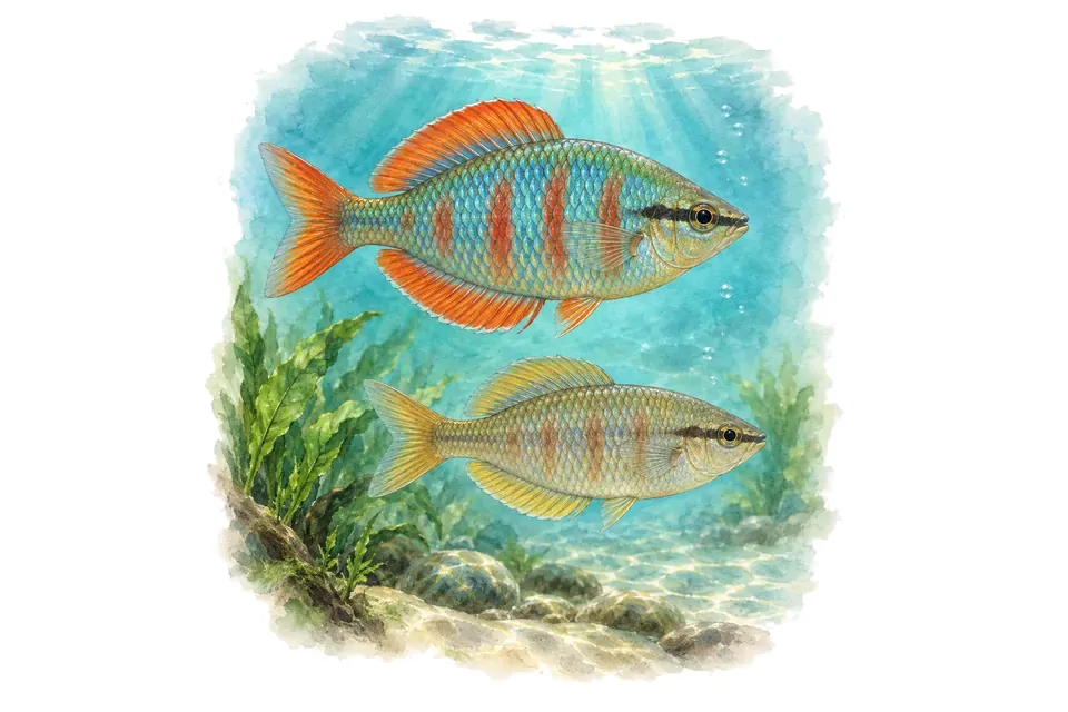 Aquarelle : Arc-en-ciel de Chilatherina, mâle et femelle l'un au-dessus de l'autre dans une eau turquoise.