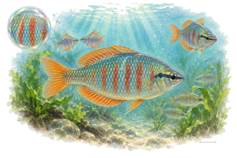 Aquarelle : Arc-en-ciel de Chilatherina (Chilatherina fasciata) dans une eau turquoise lumineuse, avec une vue de trois quarts et un détail dans une bulle.