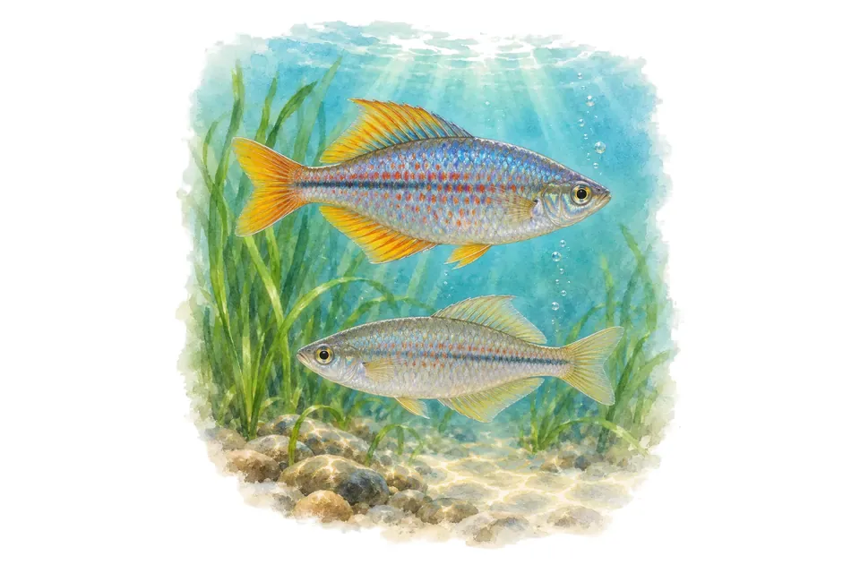 Aquarelle : Arc-en-ciel de Duboulay, mâle et femelle l'un au-dessus de l'autre dans une eau turquoise.