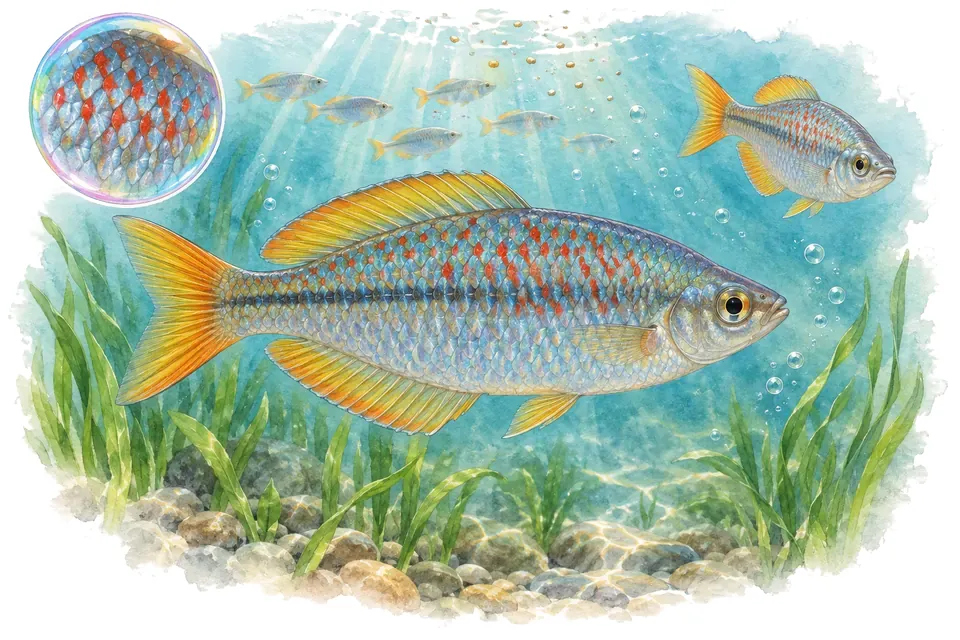 Aquarelle : Arc-en-ciel de Duboulay (Melanotaenia duboulayi) dans une eau turquoise lumineuse, avec une vue de trois quarts et un détail dans une bulle.