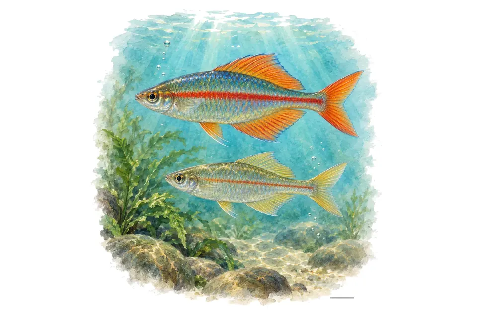 Aquarelle : Arc-en-ciel de Geayi, mâle et femelle l'un au-dessus de l'autre dans une eau turquoise.