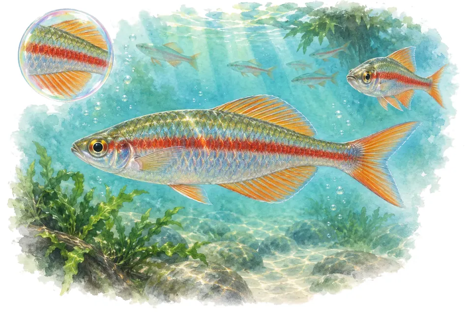 Aquarelle : Arc-en-ciel de Geayi (Bedotia geayi) dans une eau turquoise lumineuse, avec une vue de trois quarts et un détail dans une bulle.