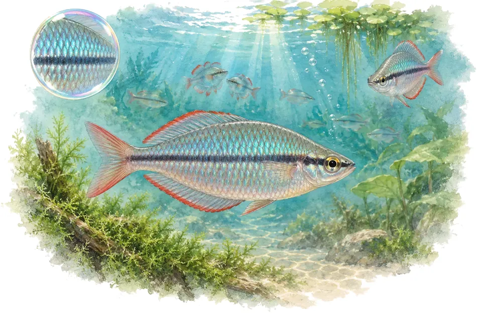 Aquarelle : Arc-en-ciel de Herbert Axelrod (Melanotaenia herbertaxelrodi) dans une eau turquoise lumineuse, avec une vue de trois quarts et un détail dans une bulle.