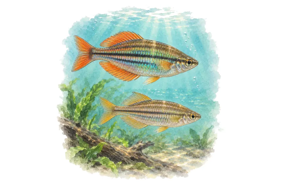 Aquarelle : Arc-en-ciel de Macculloch, mâle et femelle l'un au-dessus de l'autre dans une eau turquoise.