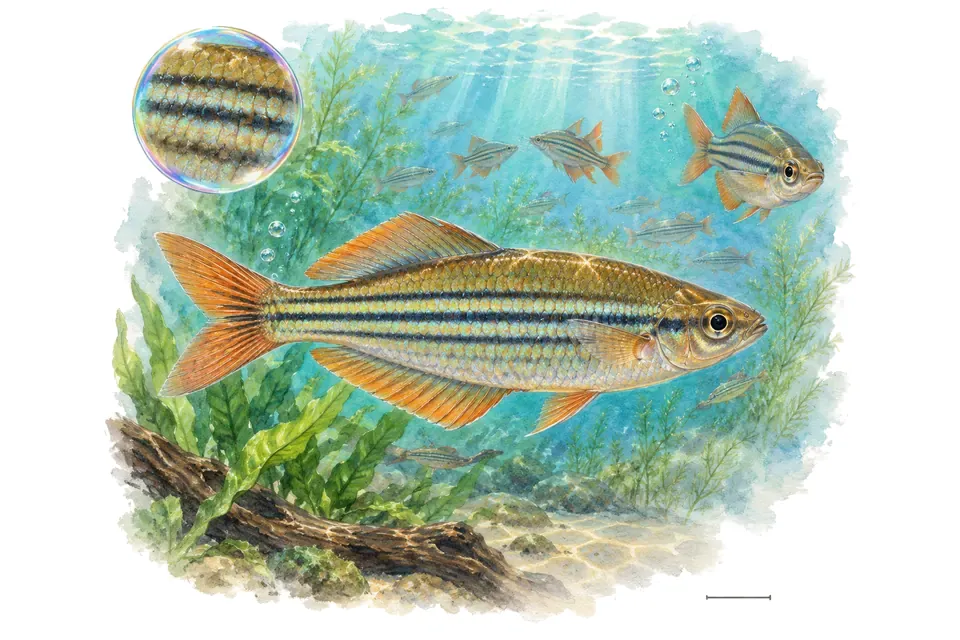 Aquarelle : Arc-en-ciel de Macculloch (Melanotaenia maccullochi) dans une eau turquoise lumineuse, avec une vue de trois quarts et un détail dans une bulle.