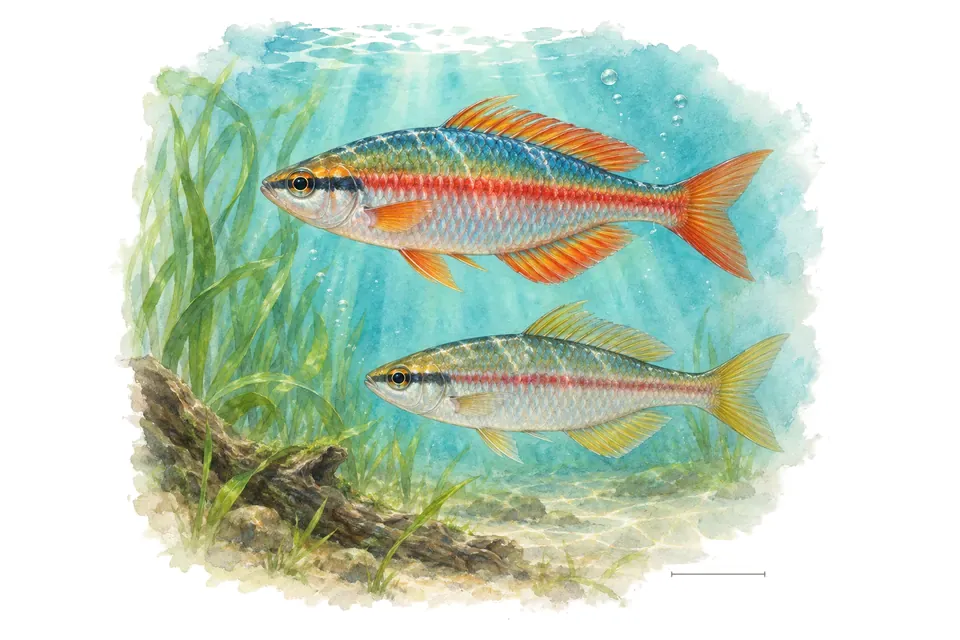 Aquarelle : Arc-en-ciel de Madagascar, mâle et femelle l'un au-dessus de l'autre dans une eau turquoise.