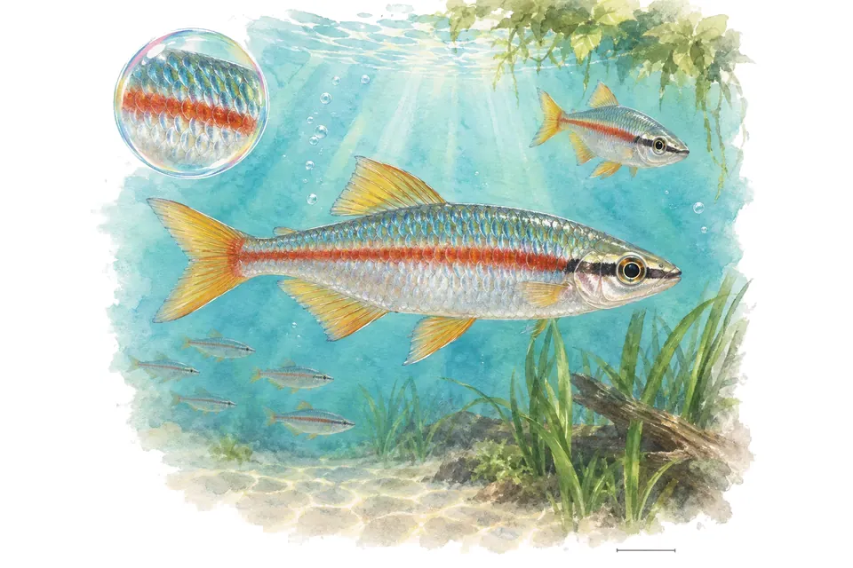 Aquarelle : Arc-en-ciel de Madagascar (Bedotia madagascariensis) dans une eau turquoise lumineuse, avec une vue de trois quarts et un détail dans une bulle.