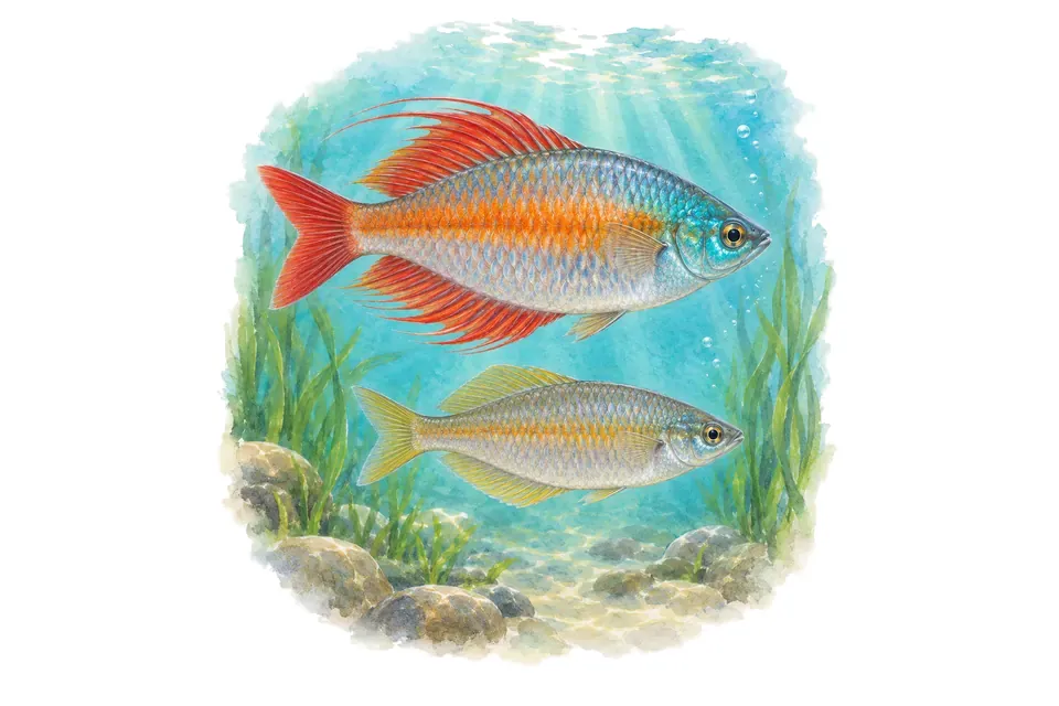 Aquarelle : Arc-en-ciel de Parkinson, mâle et femelle l'un au-dessus de l'autre dans une eau turquoise.