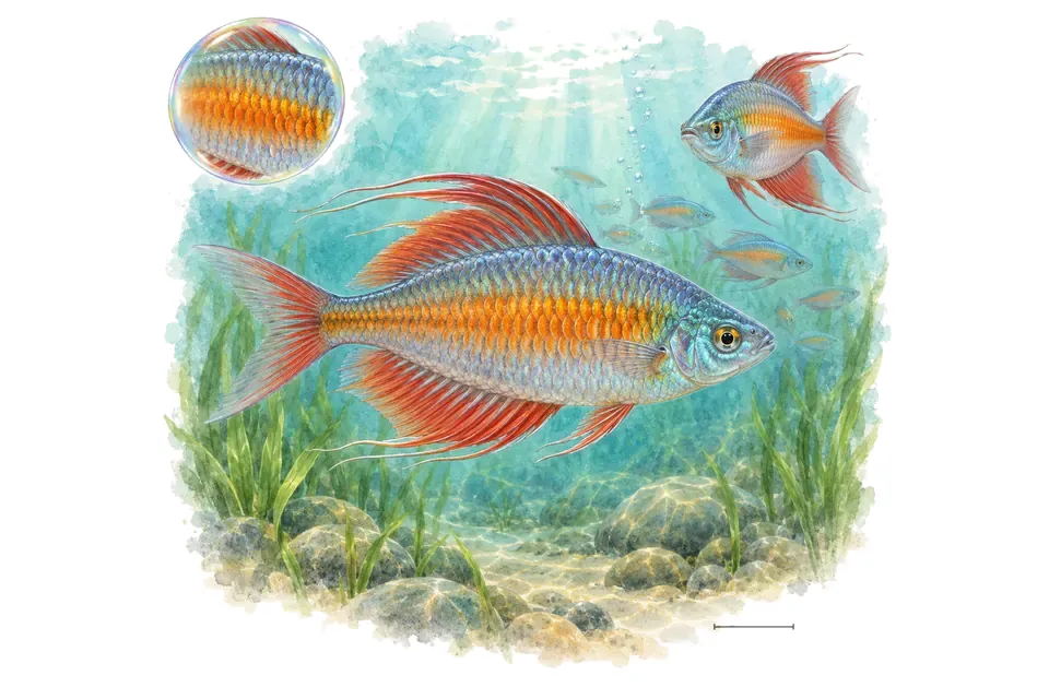 Aquarelle : Arc-en-ciel de Parkinson (Melanotaenia parkinsoni) dans une eau turquoise lumineuse, avec une vue de trois quarts et un détail dans une bulle.
