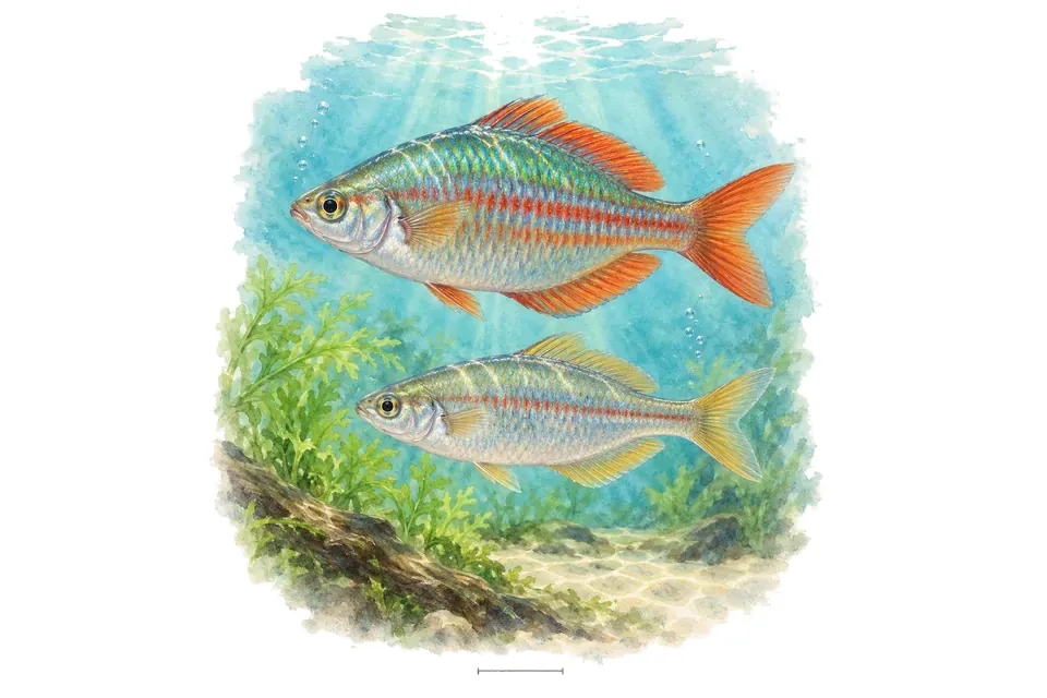 Aquarelle : Arc-en-ciel de Ramu, mâle et femelle l'un au-dessus de l'autre dans une eau turquoise.