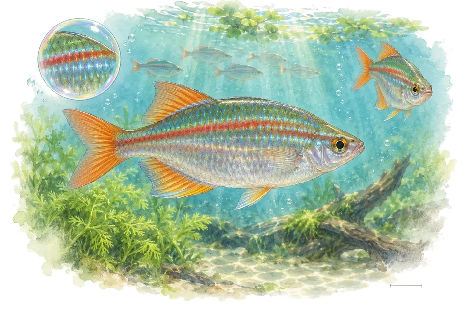 Aquarelle : Arc-en-ciel de Ramu (Glossolepis ramuensis) dans une eau turquoise lumineuse, avec une vue de trois quarts et un détail dans une bulle.