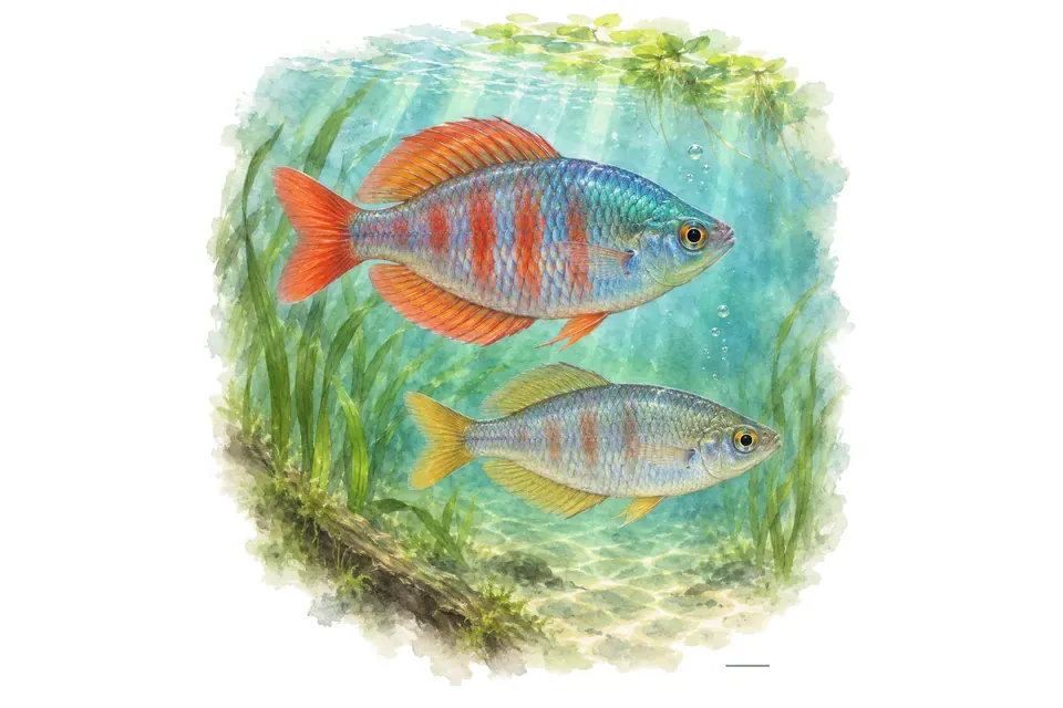 Aquarelle : Arc-en-ciel de Sentani, mâle et femelle l'un au-dessus de l'autre dans une eau turquoise.