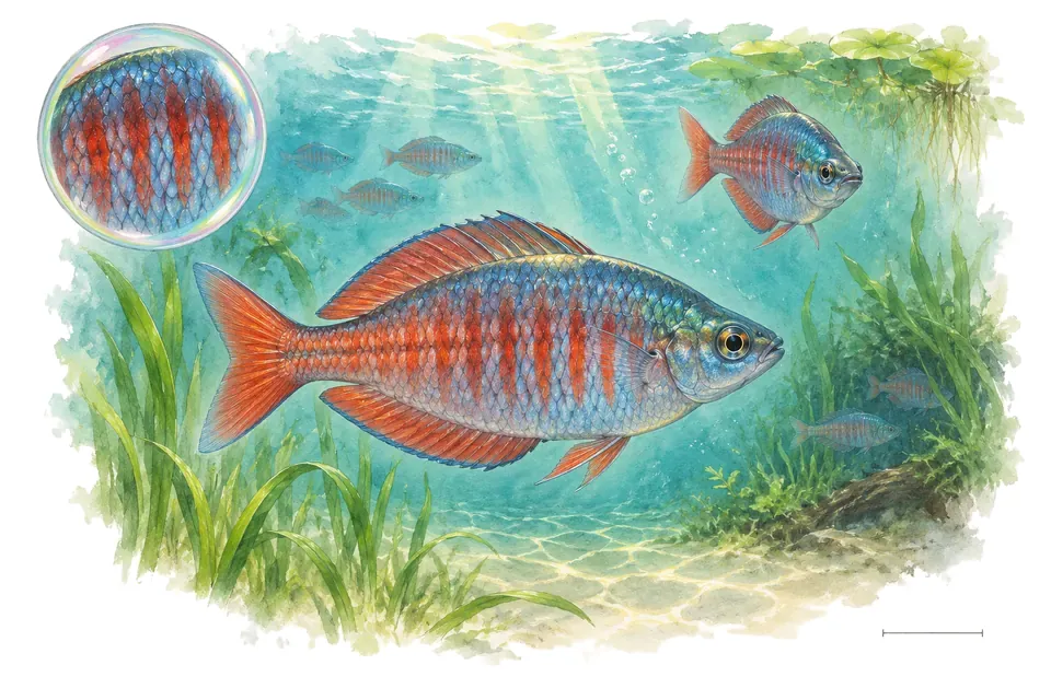 Aquarelle : Arc-en-ciel de Sentani (Chilatherina sentaniensis) dans une eau turquoise lumineuse, avec une vue de trois quarts et un détail dans une bulle.