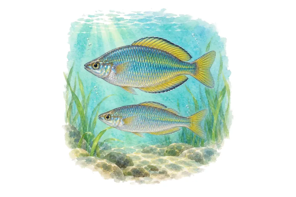 Aquarelle : Arc-en-ciel du lac Kutubu, mâle et femelle l'un au-dessus de l'autre dans une eau turquoise.