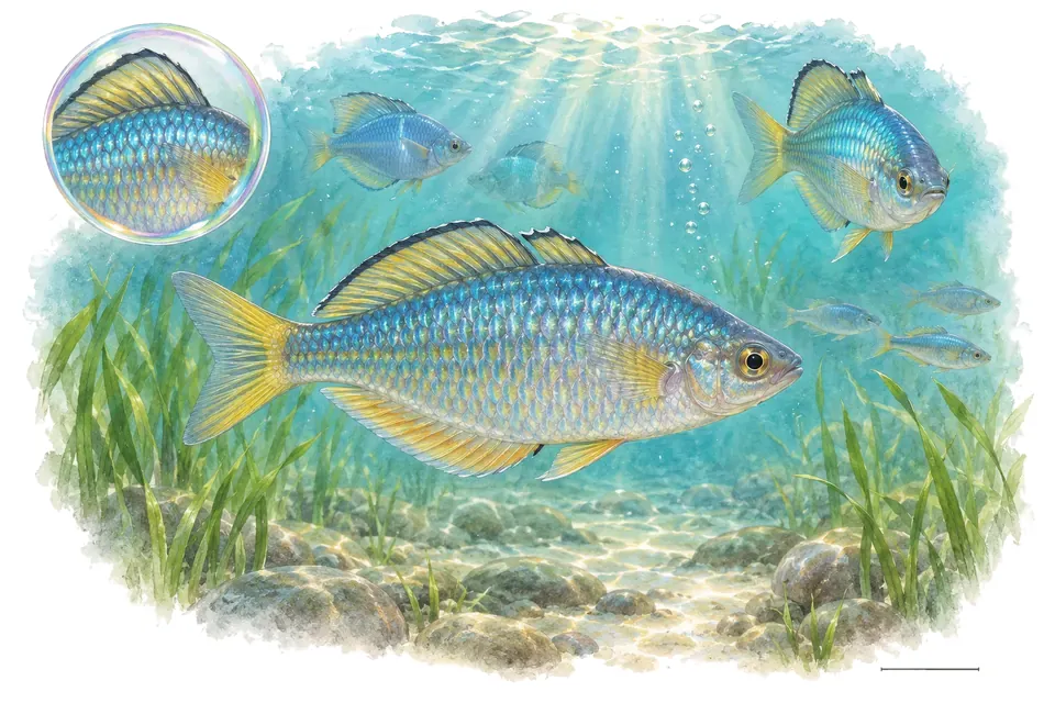 Aquarelle : Arc-en-ciel du lac Kutubu (Melanotaenia lacustris) dans une eau turquoise lumineuse, avec une vue de trois quarts et un détail dans une bulle.