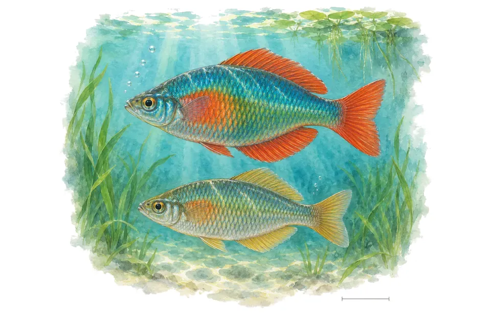 Aquarelle : Arc-en-ciel du lac Wanam, mâle et femelle l'un au-dessus de l'autre dans une eau turquoise.
