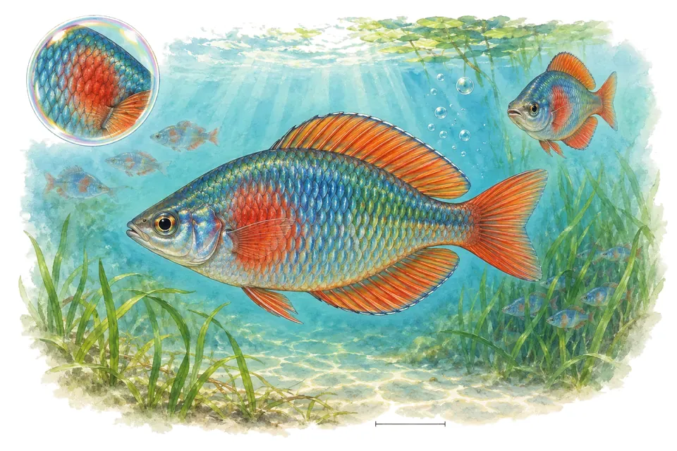 Aquarelle : Arc-en-ciel du lac Wanam (Glossolepis wanamensis) dans une eau turquoise lumineuse, avec une vue de trois quarts et un détail dans une bulle.