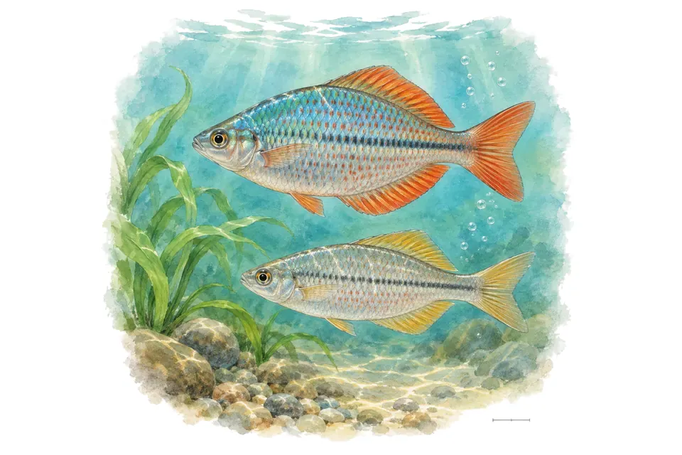 Aquarelle : Arc-en-ciel du Murray, mâle et femelle l'un au-dessus de l'autre dans une eau turquoise.