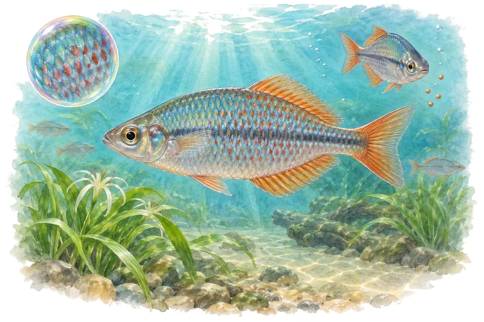 Aquarelle : Arc-en-ciel du Murray (Melanotaenia fluviatilis) dans une eau turquoise lumineuse, avec une vue de trois quarts et un détail dans une bulle.