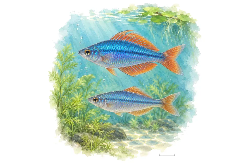 Aquarelle : Arc-en-ciel néon, mâle et femelle l'un au-dessus de l'autre dans une eau turquoise.