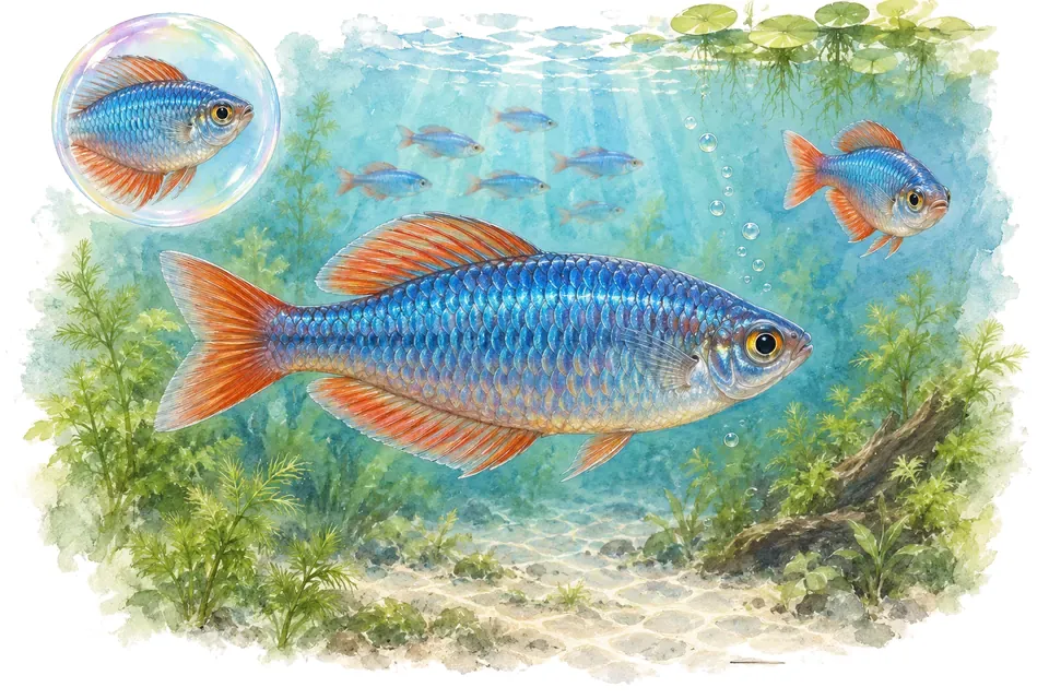 Aquarelle : Arc-en-ciel néon (Melanotaenia praecox) dans une eau turquoise lumineuse, avec une vue de trois quarts et un détail dans une bulle.