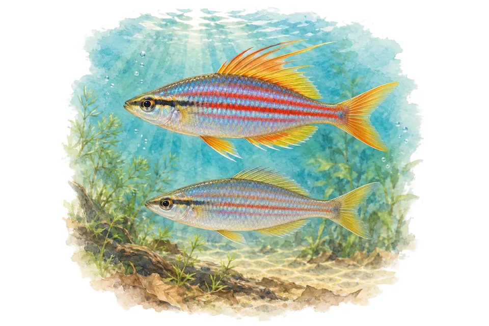 Aquarelle : Arc-en-ciel orné, mâle et femelle l'un au-dessus de l'autre dans une eau turquoise.
