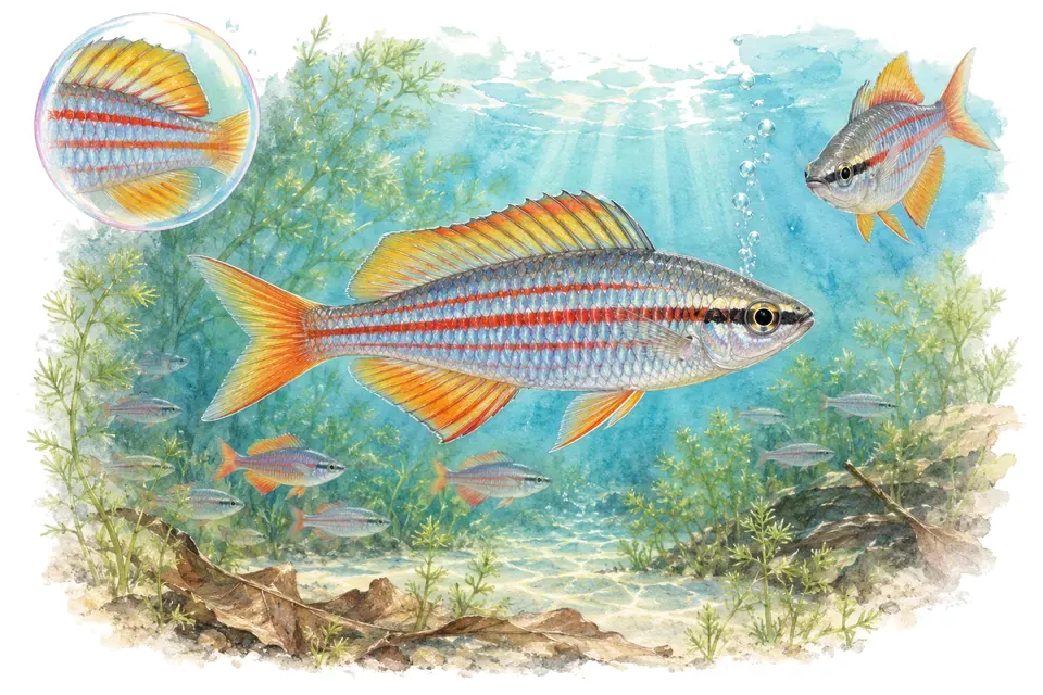 Aquarelle : Arc-en-ciel orné (Rhadinocentrus ornatus) dans une eau turquoise lumineuse, avec une vue de trois quarts et un détail dans une bulle.