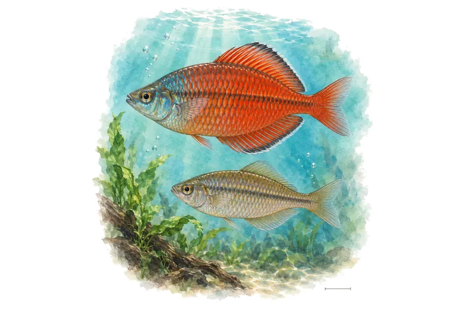 Aquarelle : Arc-en-ciel rouge, mâle et femelle l'un au-dessus de l'autre dans une eau turquoise.