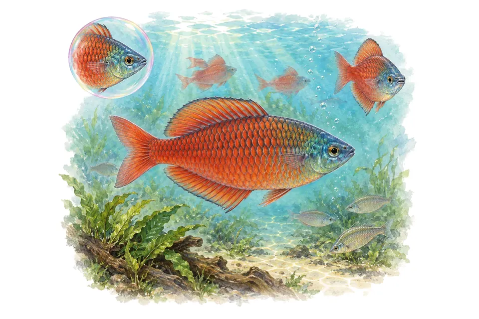 Aquarelle : Arc-en-ciel rouge (Glossolepis incisus) dans une eau turquoise lumineuse, avec une vue de trois quarts et un détail dans une bulle.