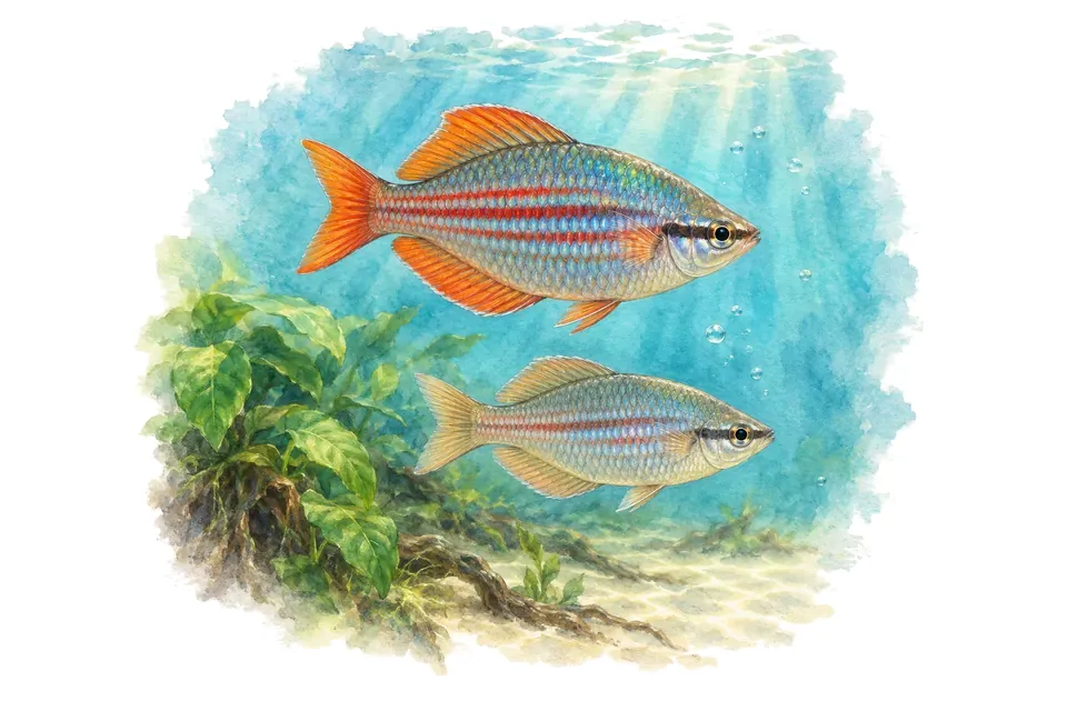 Aquarelle : Arc-en-ciel rougeâtre, mâle et femelle l'un au-dessus de l'autre dans une eau turquoise.