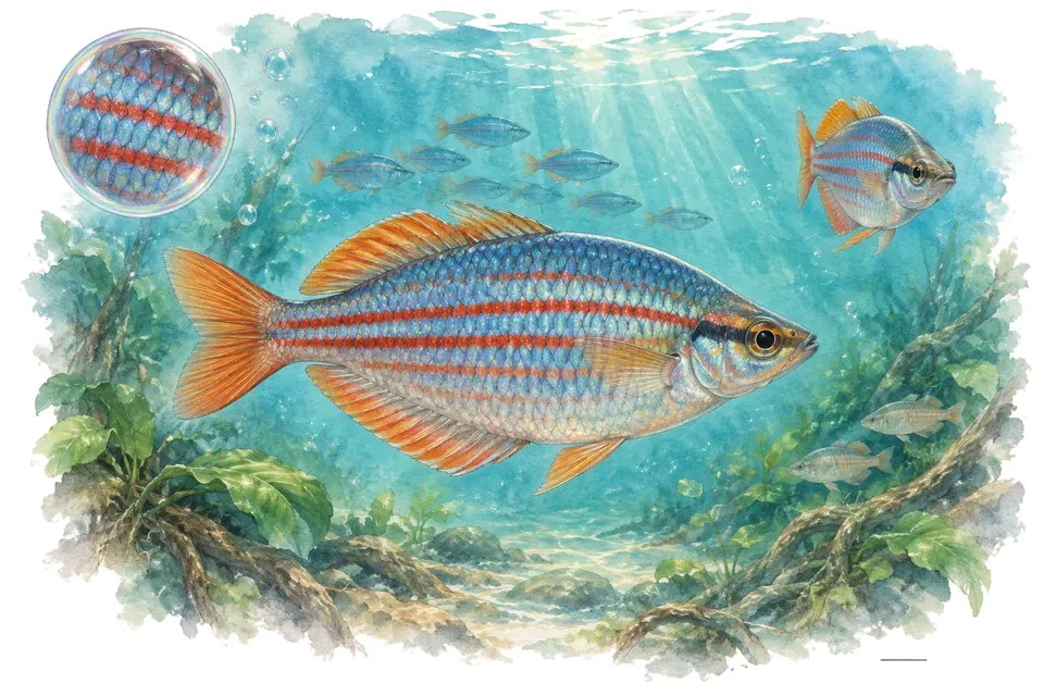Aquarelle : Arc-en-ciel rougeâtre (Melanotaenia rubrostriata) dans une eau turquoise lumineuse, avec une vue de trois quarts et un détail dans une bulle.