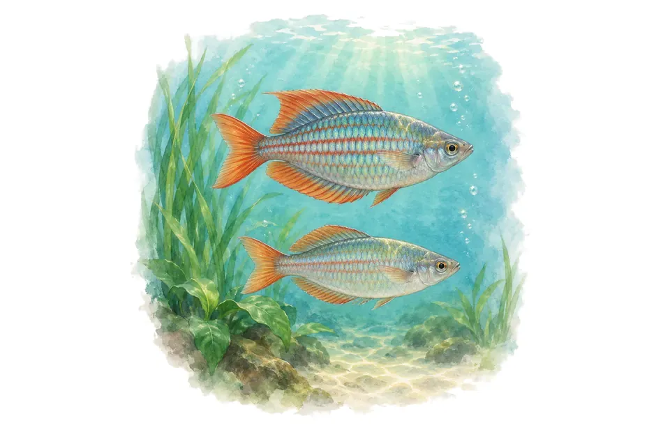 Aquarelle : Arc-en-ciel splendide, mâle et femelle l'un au-dessus de l'autre dans une eau turquoise.