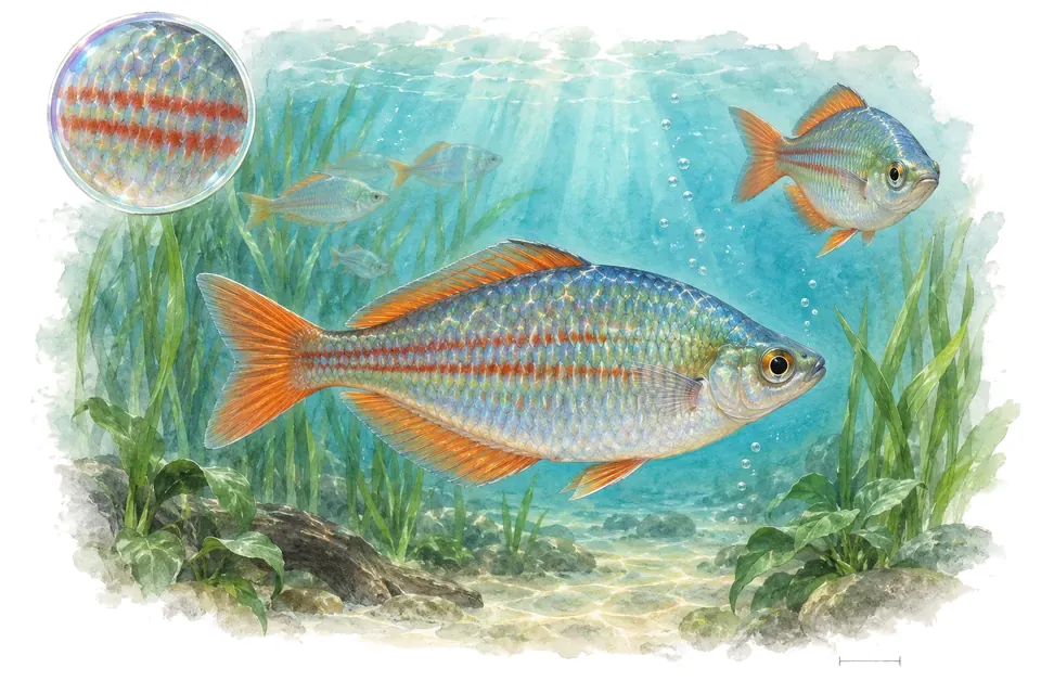 Aquarelle : Arc-en-ciel splendide (Melanotaenia splendida) dans une eau turquoise lumineuse, avec une vue de trois quarts et un détail dans une bulle.
