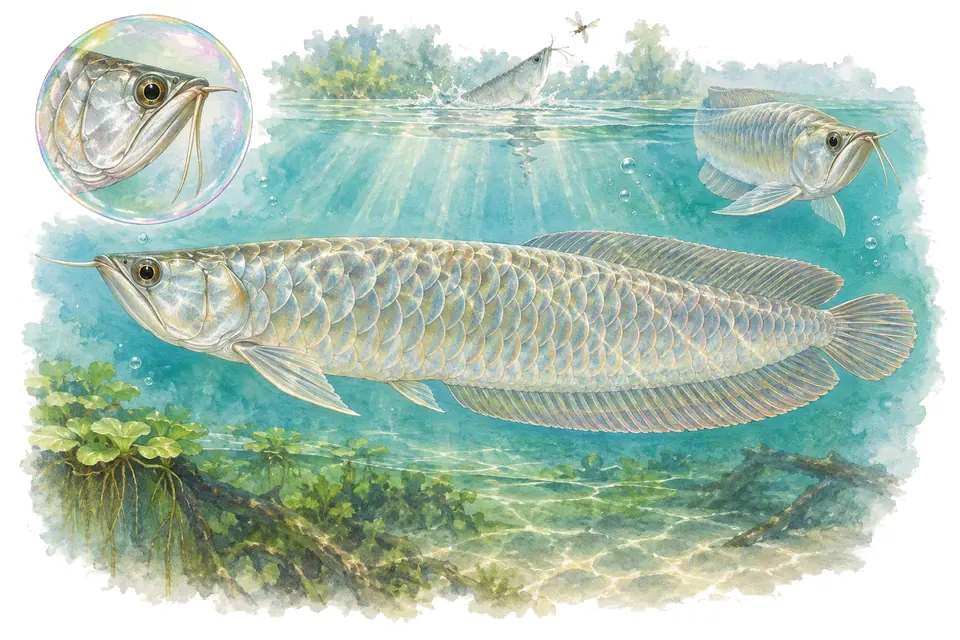 Aquarelle : Arowana argenté (Osteoglossum bicirrhosum) dans une eau turquoise lumineuse, avec une vue de trois quarts et un détail dans une bulle.