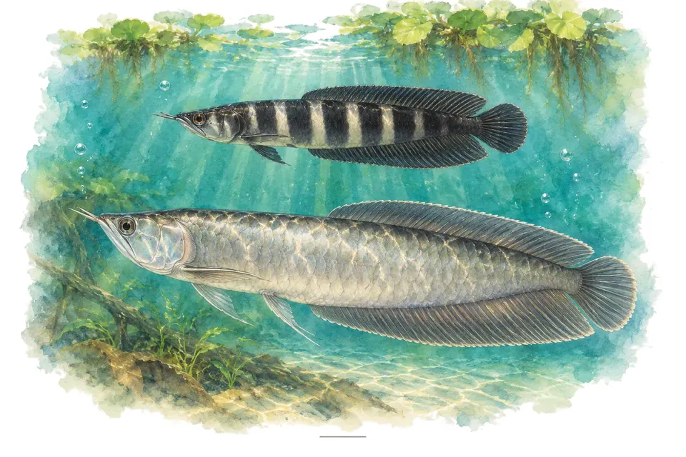 Aquarelle : Arowana noir, jeune et adulte l'un au-dessus de l'autre dans une eau turquoise.
