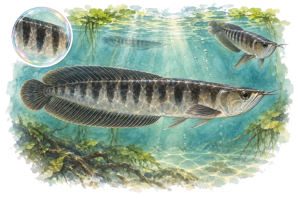 Aquarelle : Arowana noir (Osteoglossum ferreirai) dans une eau turquoise lumineuse, avec une vue de trois quarts et un détail dans une bulle.