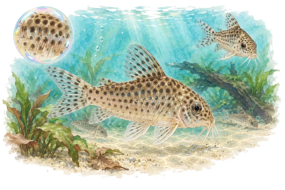 Aquarelle : Aspidoras fuscoguttatus (Aspidoras fuscoguttatus) dans une eau turquoise lumineuse, avec une vue de trois quarts et un détail dans une bulle.
