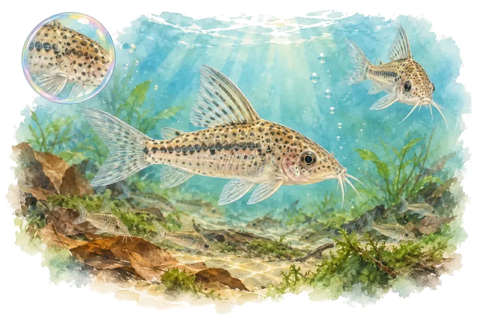 Aquarelle : Aspidoras à peu de rayons (Gastrodermus pauciradiatus) dans une eau turquoise lumineuse, avec une vue de trois quarts et un détail dans une bulle.