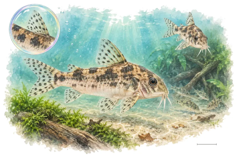 Aquarelle : Aspidoras poecilus (Aspidoras poecilus) dans une eau turquoise lumineuse, avec une vue de trois quarts et un détail dans une bulle.