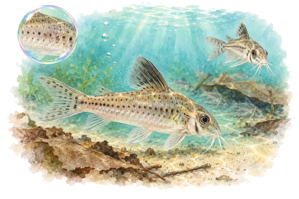 Aquarelle : Aspidoras de Raimund (Aspidoras raimundi) dans une eau turquoise lumineuse, avec une vue de trois quarts et un détail dans une bulle.