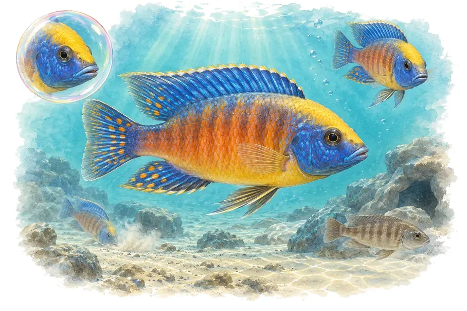 Aquarelle : Aulonocara jaune (Aulonocara baenschi) dans une eau turquoise lumineuse, avec une vue de trois quarts et un détail dans une bulle.