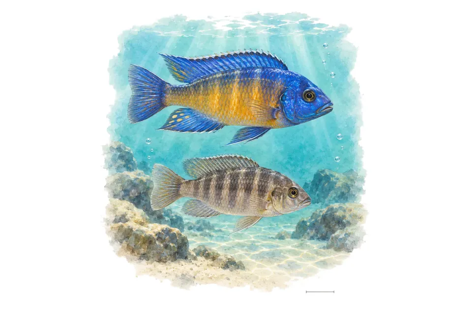 Aquarelle : Aulonocara de Stuart Grant, mâle et femelle l'un au-dessus de l'autre dans une eau turquoise.